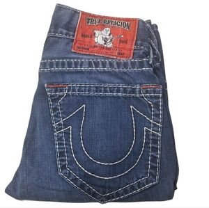 True Religion Blue Horseshoe Jeans Mens 28 White and Red Stitching Straight